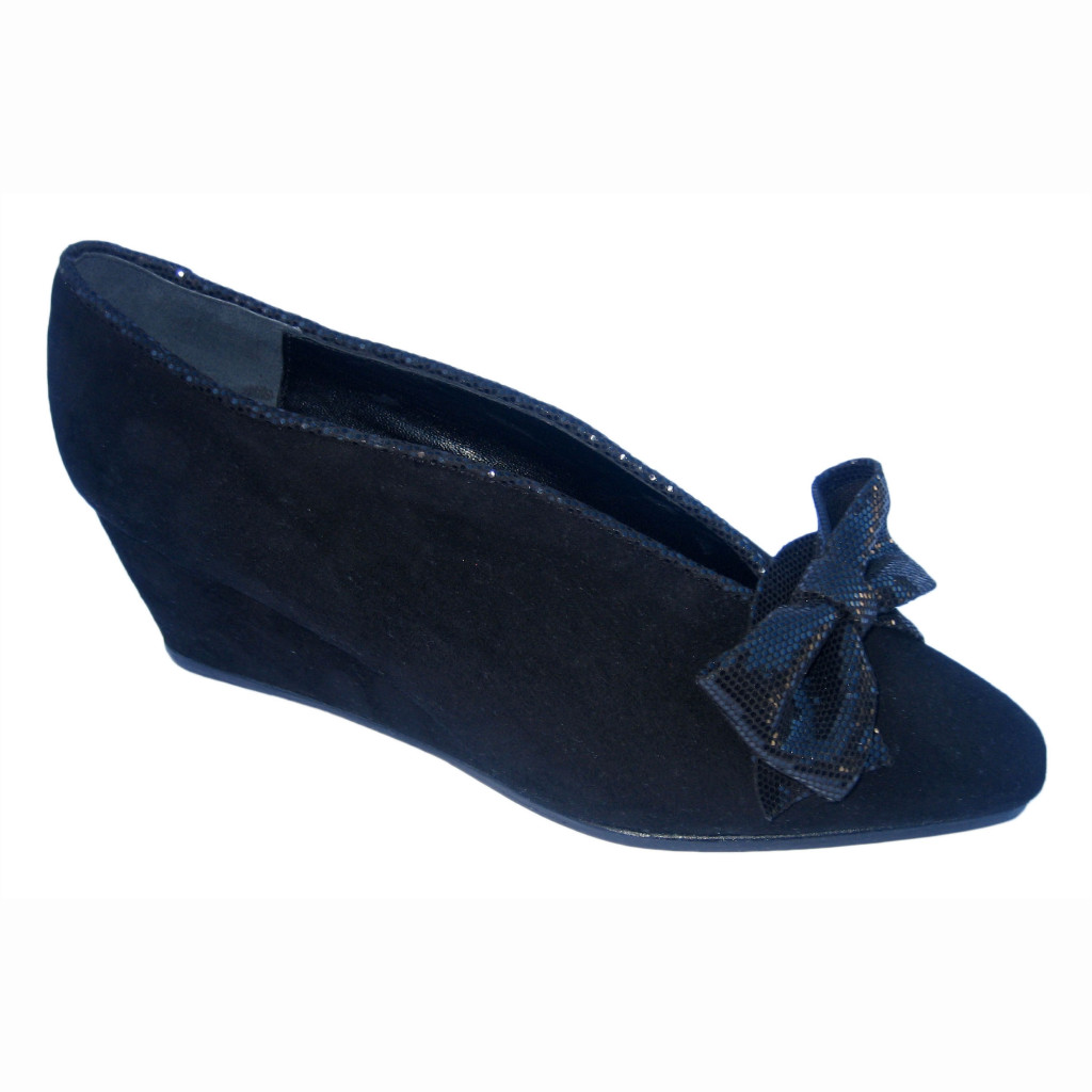 Gail + high wedge Blk Suede Shiny Blk Dot + Ginney Bow