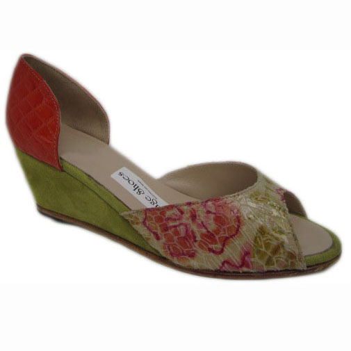 Johnny Hetty + High wedge Burnt Orange Glazed Croc Dirty Lime Suede Metallic Floral