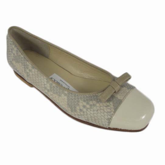 Margot + Flat Silk Python Cream Patent Taupe Calf + Toe Cap + Piping + Finn Bow